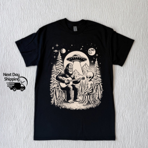 Bigfoot Playing Guitar With Alien And UFO Vintage 90s Shirt, Funny Bigfoot And UFO Tshirt, Vintage Washed Distressed Shirt, Funny Women Gift